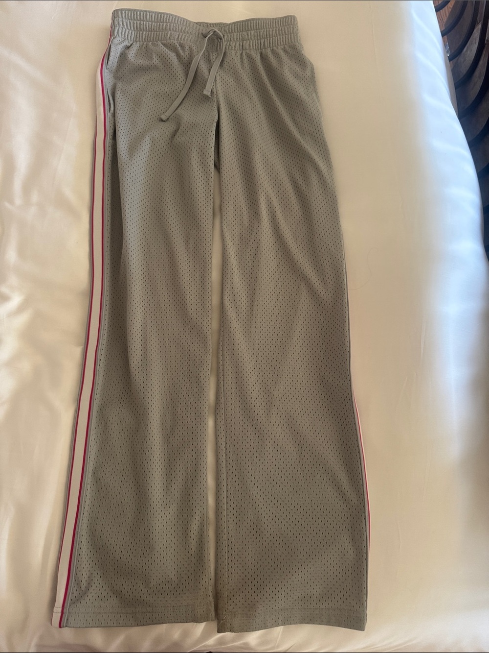 Light Gray Athletic Mesh Pants with soft netting lining . Drawstring waist